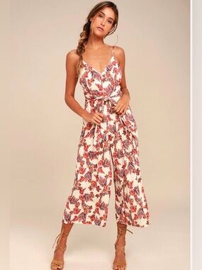 Free People Hot Tropics Cream Print Midi Jumpsuit. Size 0